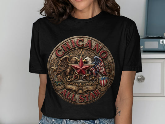 Circular emblem with eagle, star, and "Chicano Brown Pride All Star" text.