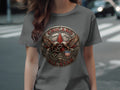 Embroidered Chicano Brown Pride All Star logo with eagle and snake on a gray t-shirt.