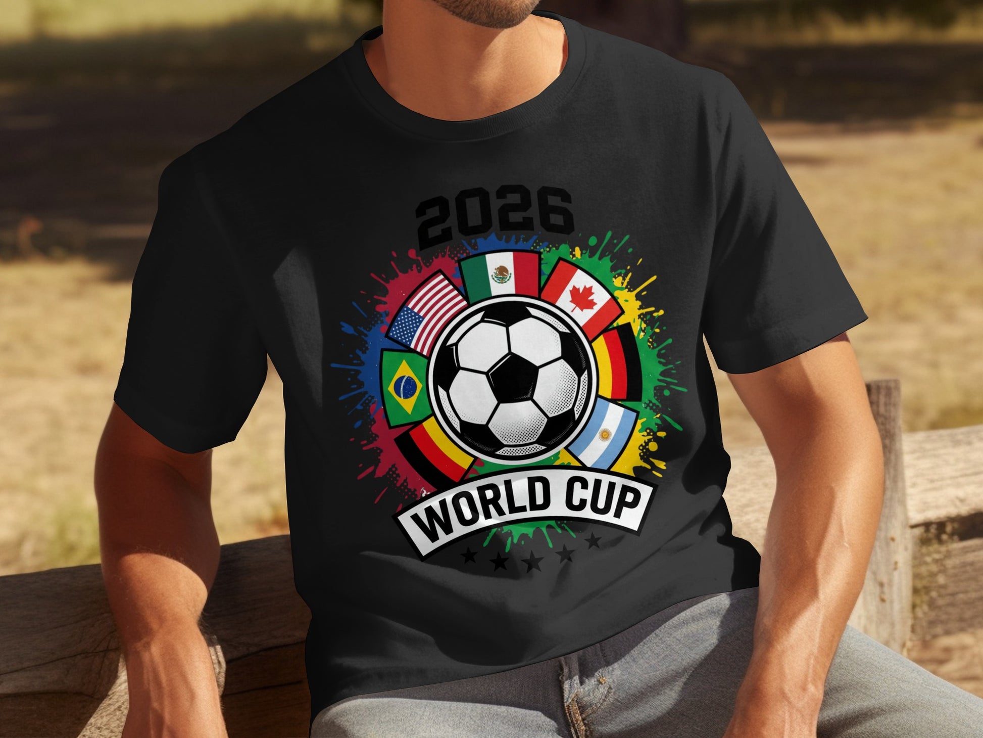 Black t-shirt with "2026 World Cup" text and circular flags surrounding a soccer ball.