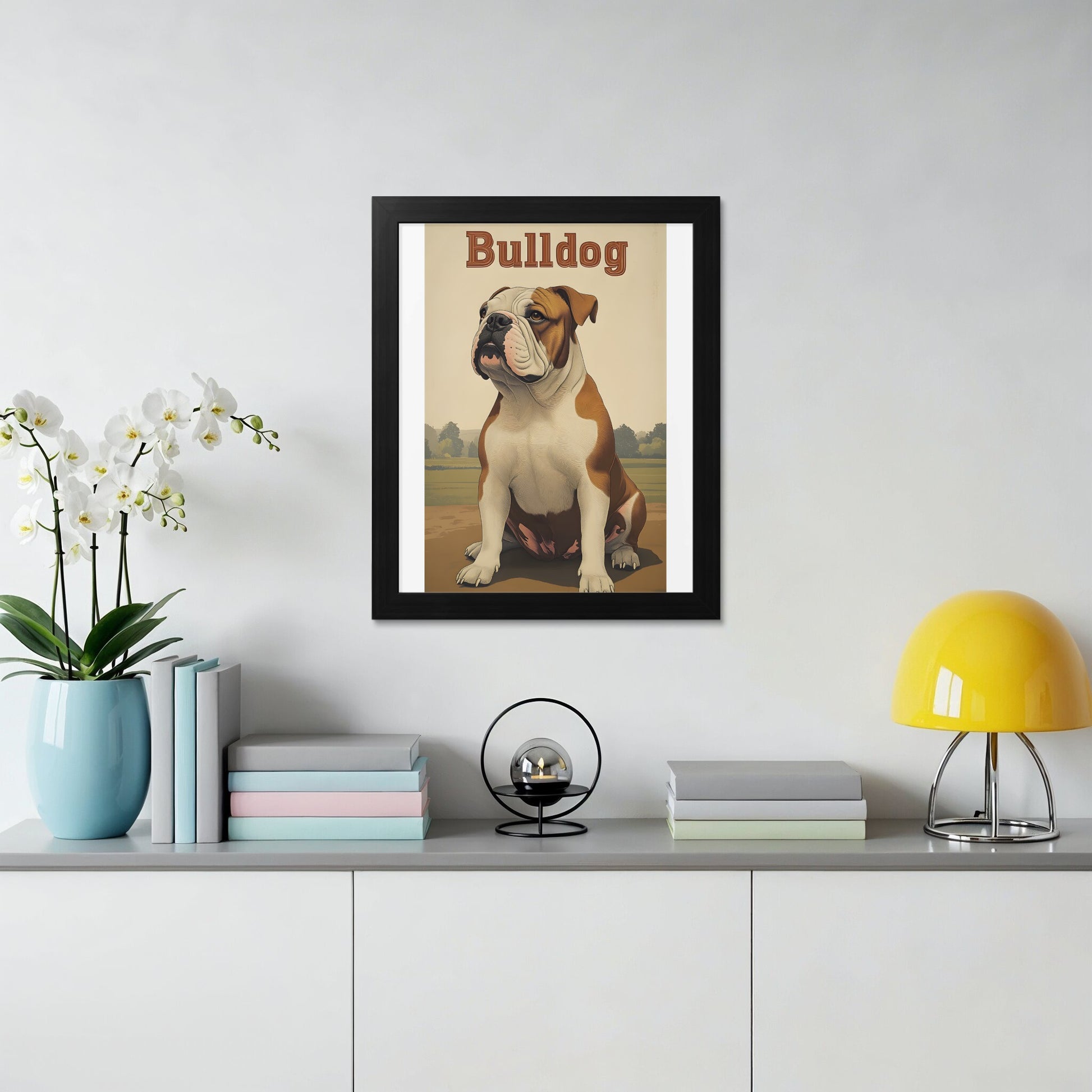 Framed print of a bulldog sitting in a field, with "Bulldog" text above.