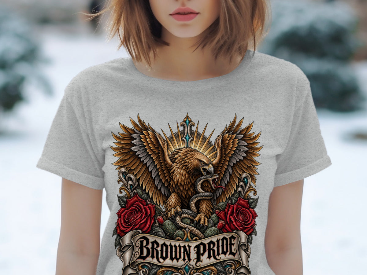 Eagle and snake illustration with red roses and banner reading "BROWN PRIDE".