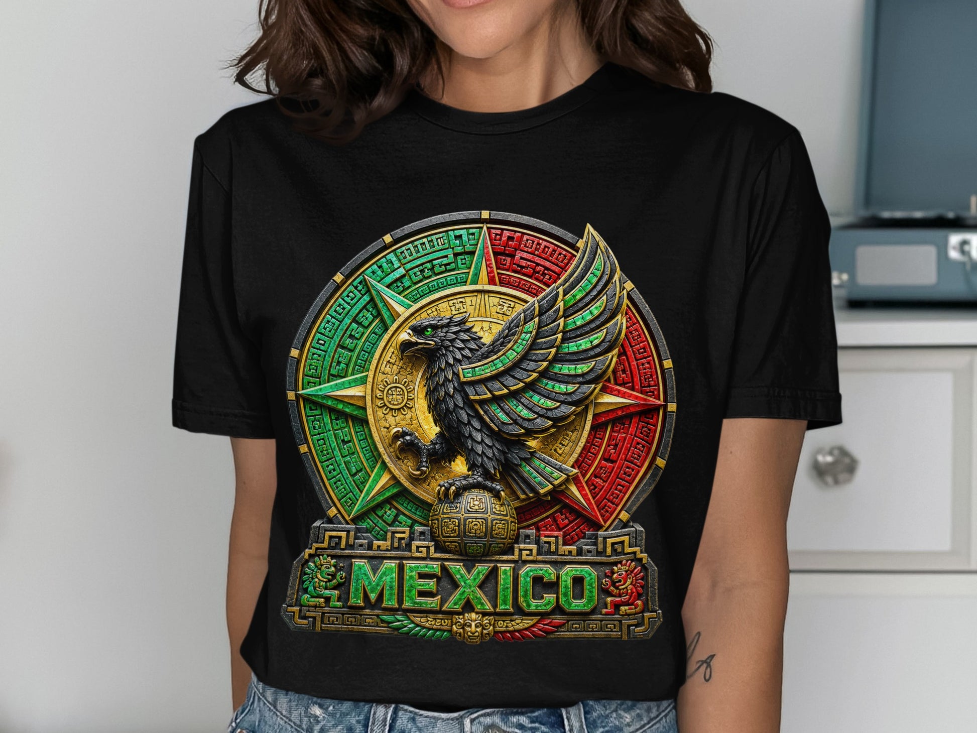 Black t-shirt with a detailed, circular Mexican eagle emblem and "MEXICO" text.