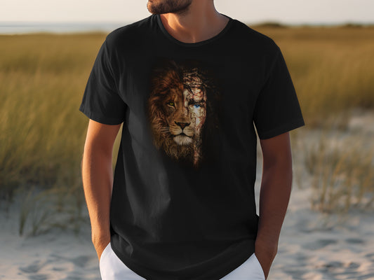 Black t-shirt with a lion and Jesus Christ composite graphic.