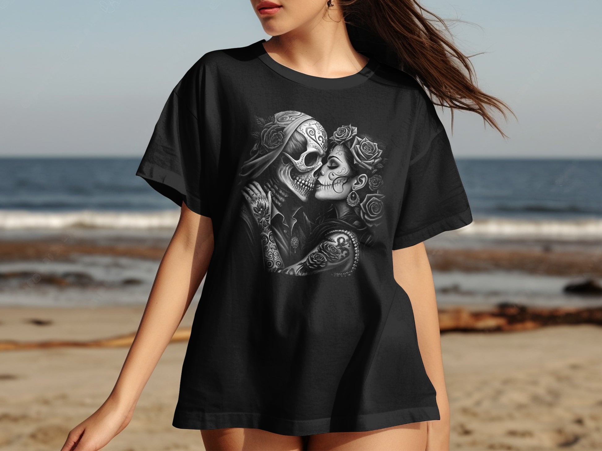 Black t-shirt featuring a skeletal couple kissing with roses and tattoos.
