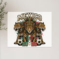 Three jaguars wearing headdresses flank a Mexico crest, 2026.