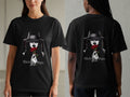 Black t-shirt with a woman holding a rose on the front and 