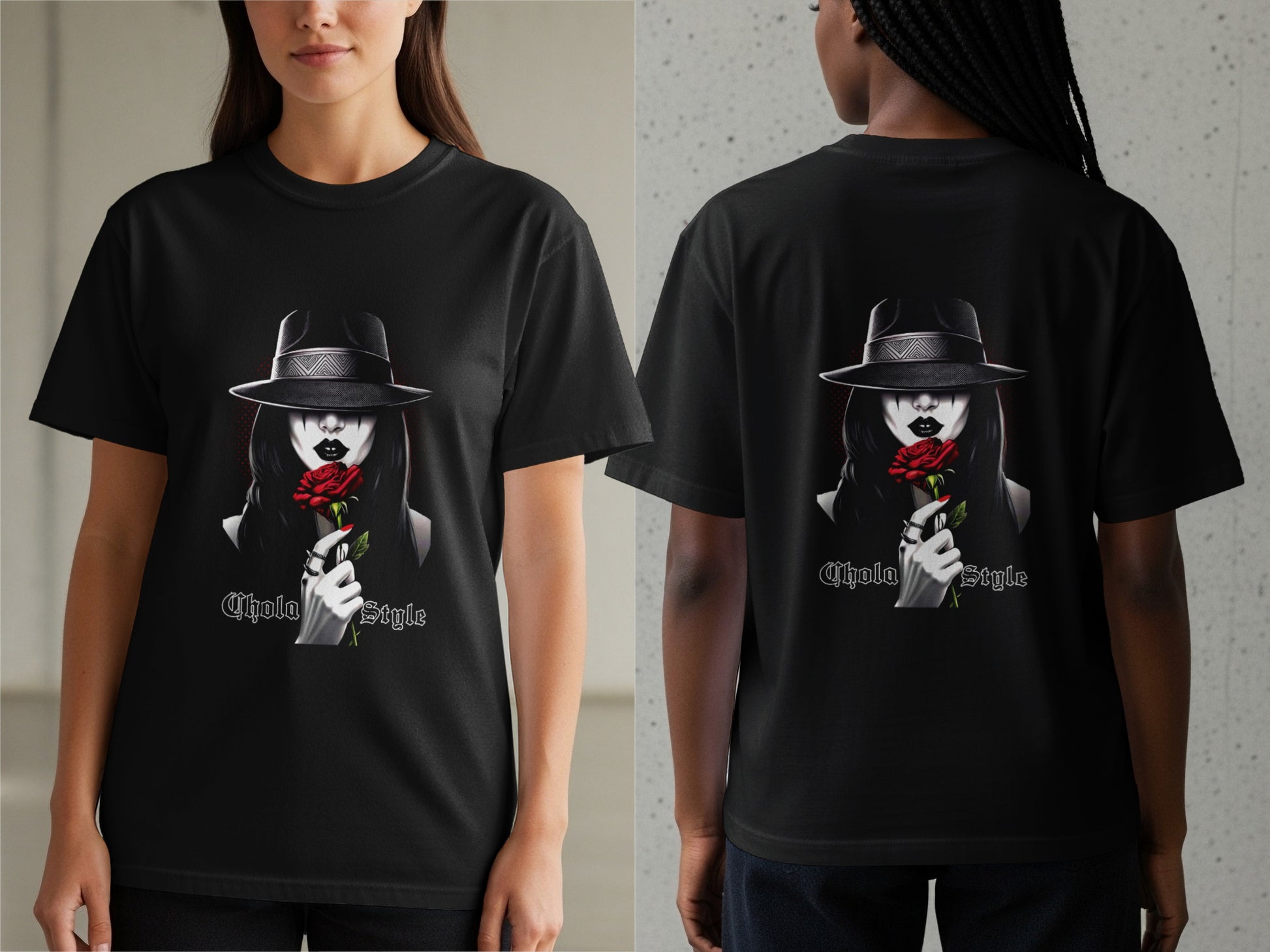 Black t-shirt with a woman holding a rose on the front and "Chola Style" text.