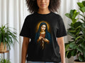 T-shirt with religious depiction of Mary holding a white cloth.