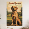 Labrador Retriever sitting outdoors with a scenic landscape background.