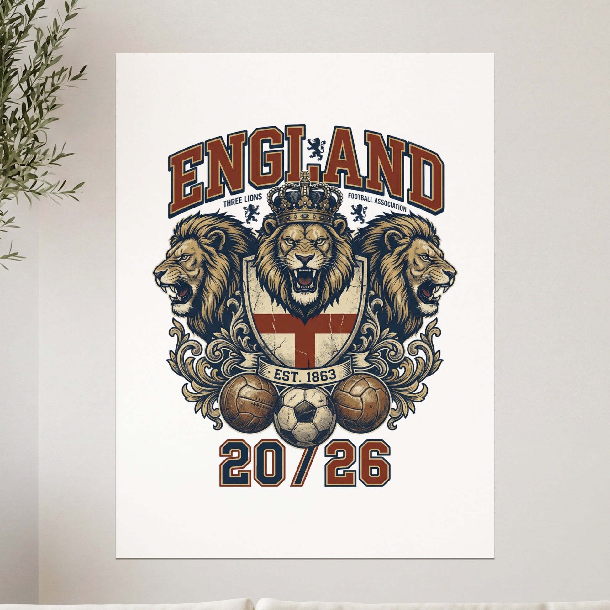 England Football Association crest with lions and soccer balls, EST. 1863.