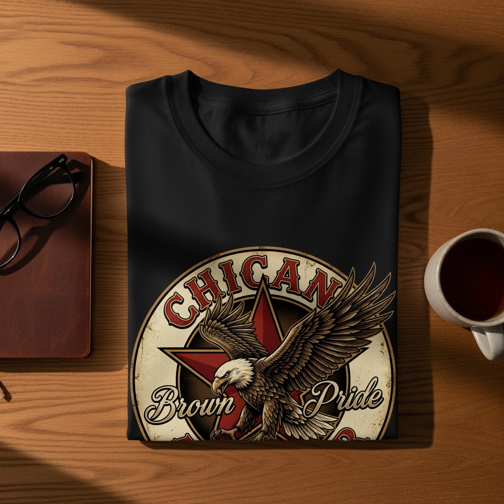 Black t-shirt with circular design featuring eagle, "Chican Brown Pride" text, and star.