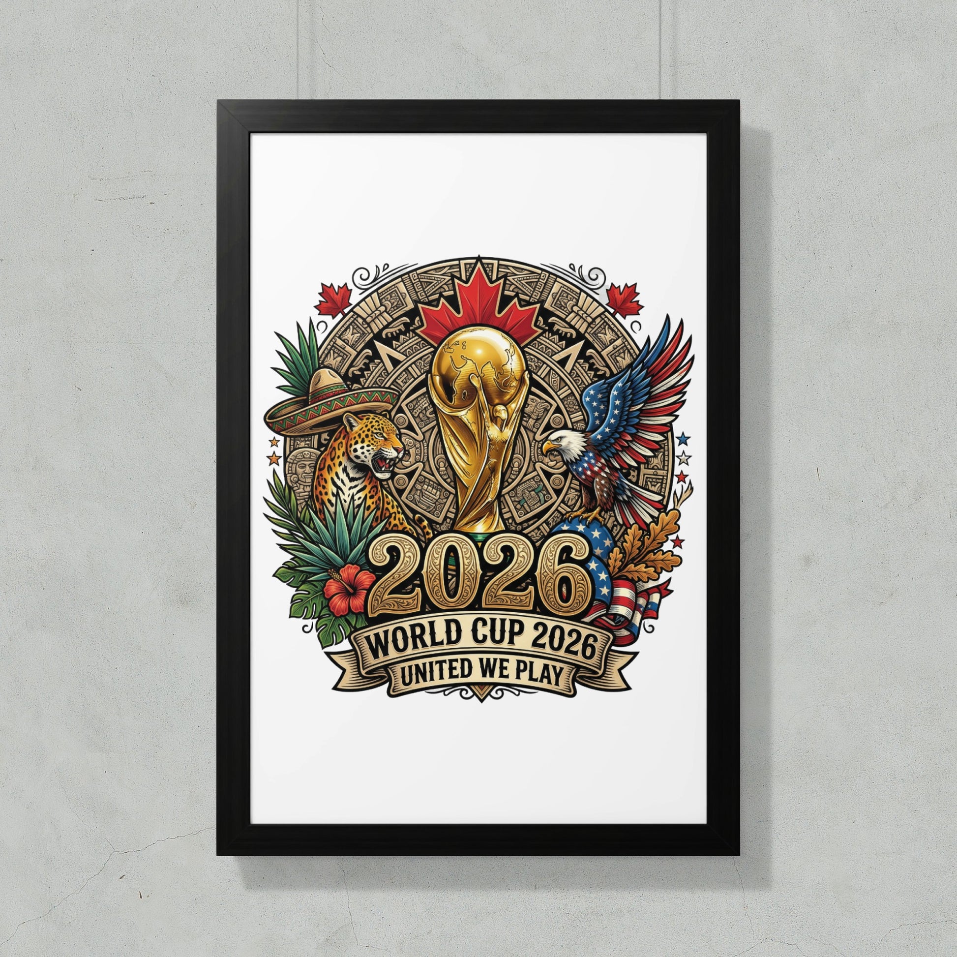 2026 World Cup logo featuring trophies, eagle, jaguar, and national symbols.
