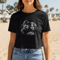 Black t-shirt with Day of the Dead skull couple graphic.