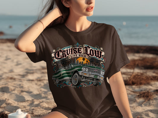 Brown t-shirt with "Cruise Low Live High" text and vintage green convertible car graphic.