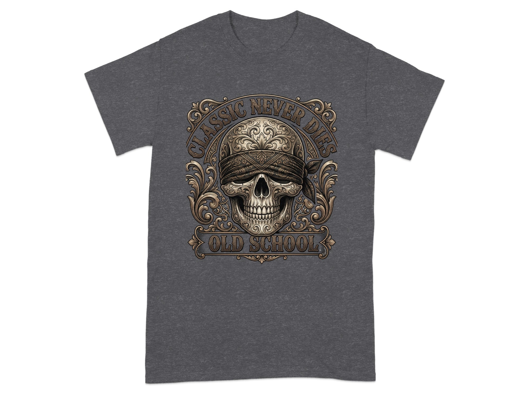 Dark grey t-shirt with skull graphic featuring "CLASSIC NEVER DIES OLD SCHOOL" text.