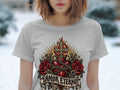 Gray t-shirt with Sacred Heart, roses, cross, flames, and 