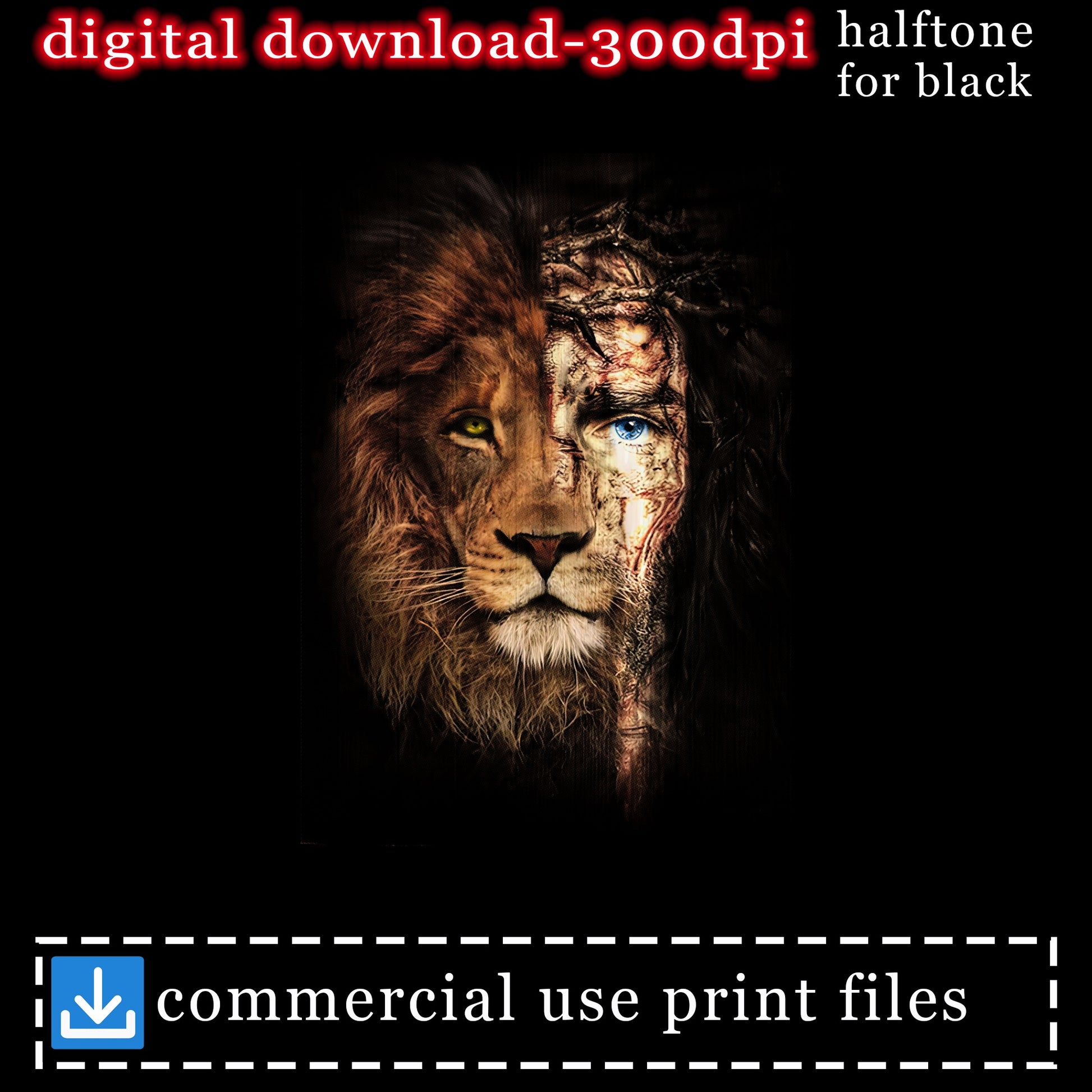 Digital download: half lion, half Jesus Christ with crown of thorns.