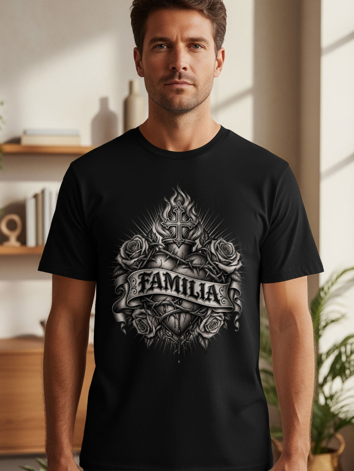 Black t-shirt with heart, roses, cross, and "FAMILIA" banner graphic.