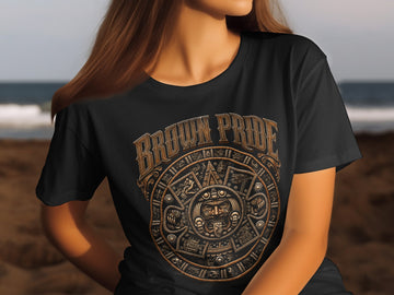 Brown Pride t-shirt with Mayan calendar design on a person.