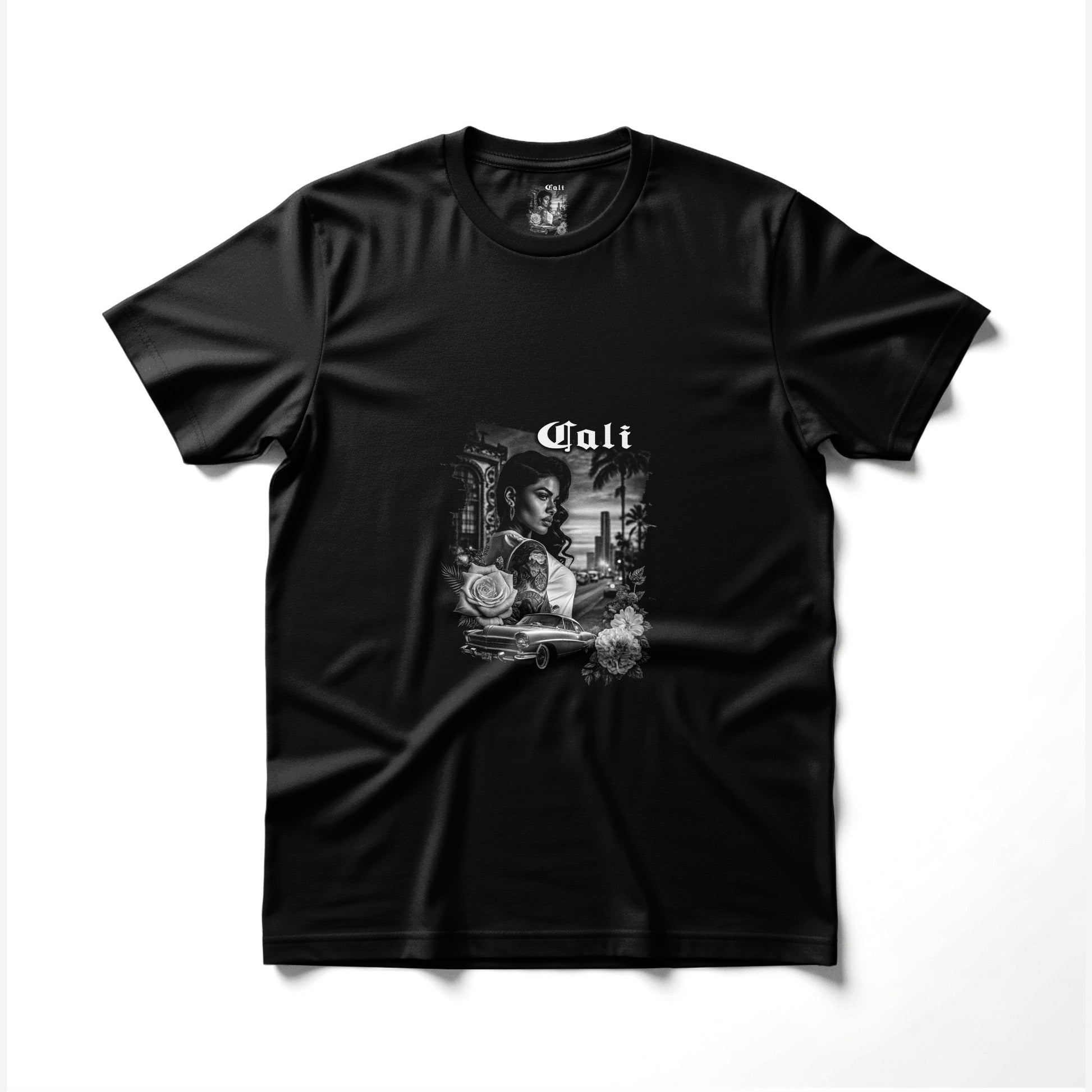 Black t-shirt with a graphic of a woman, car, and roses, with the word "Cali".