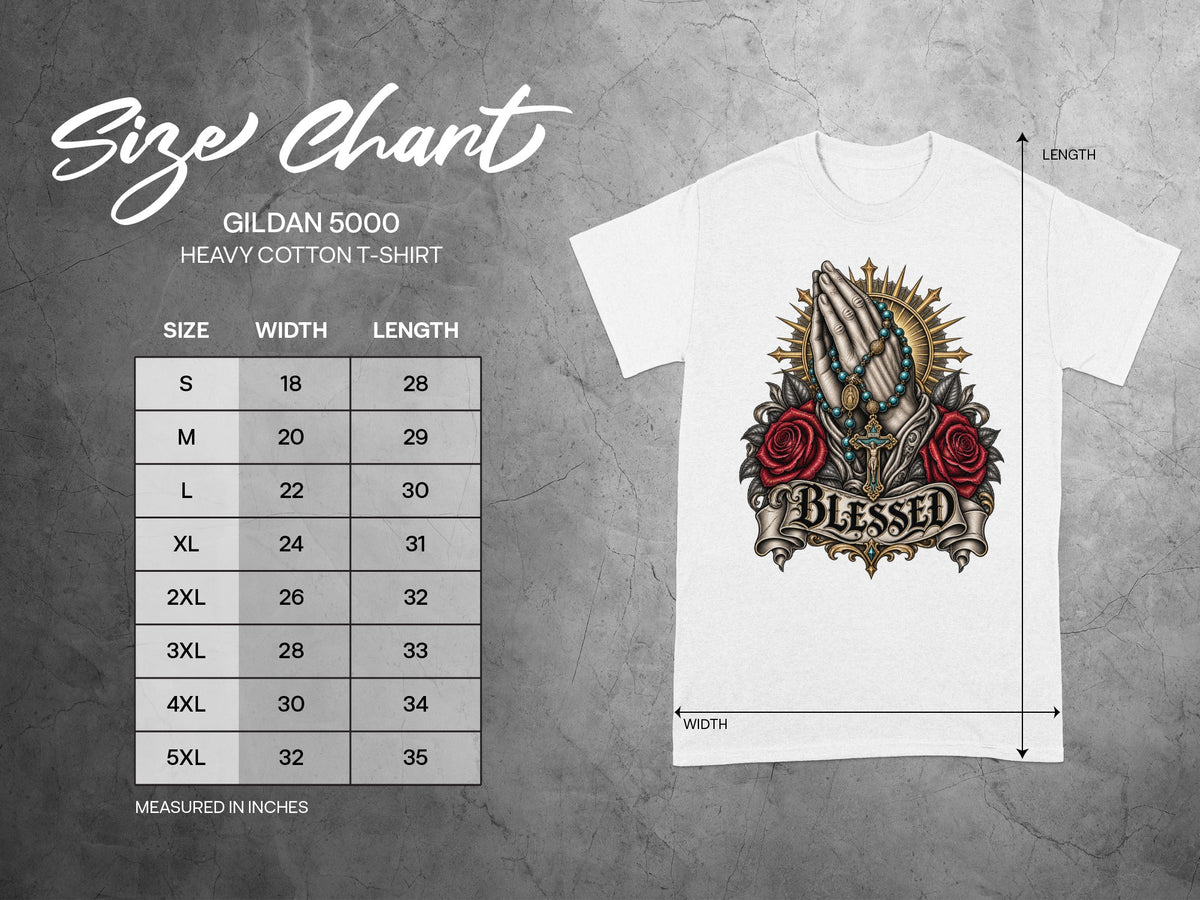 Gildan 5000 Heavy Cotton T-Shirt size chart with measurements in inches.
