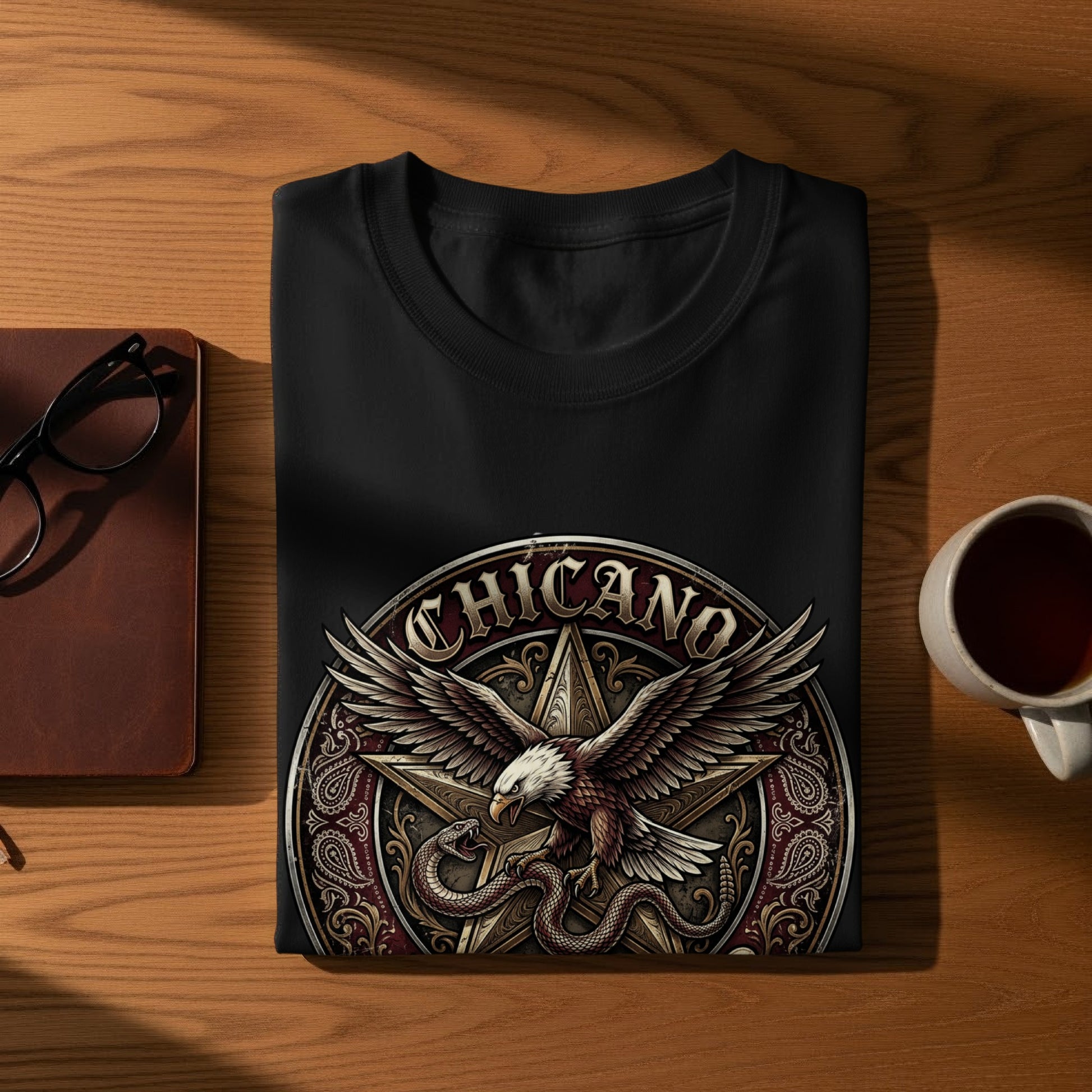 Black t-shirt with eagle and snake emblem, "CHICANO" text above.