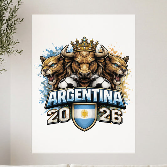 Argentina 2026 logo featuring a bull and two lions with soccer balls.