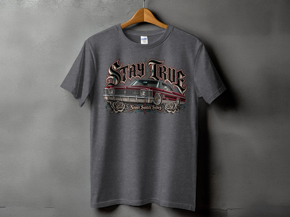 Dark grey t-shirt with "Stay True" text, a red classic car, and roses.