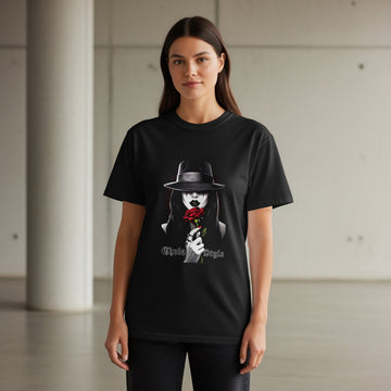 Black t-shirt with a woman in a fedora holding a rose, "Chola Style" text.
