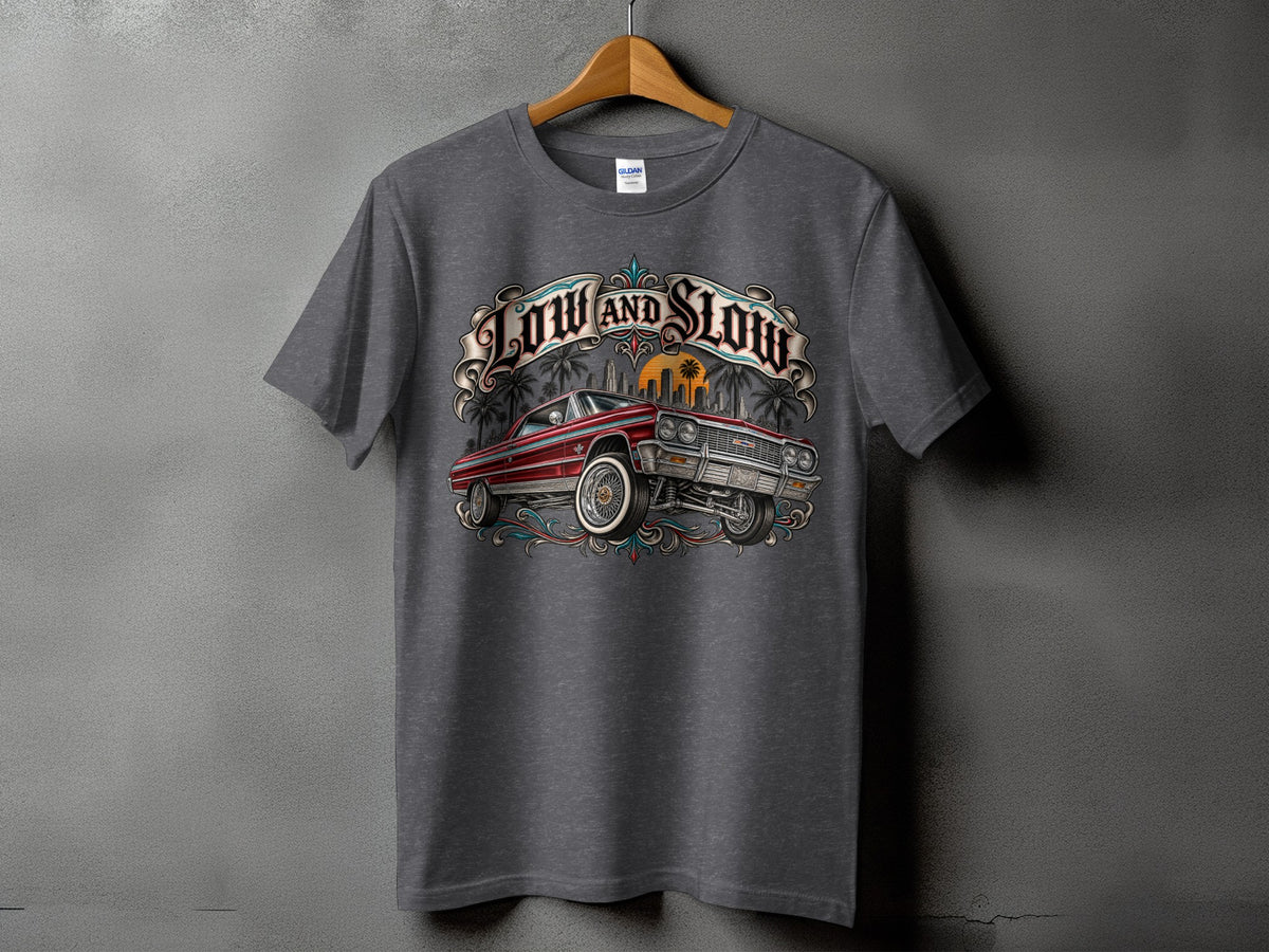 Graphic t-shirt with a lowrider car and text "Low and Slow" under palm trees.