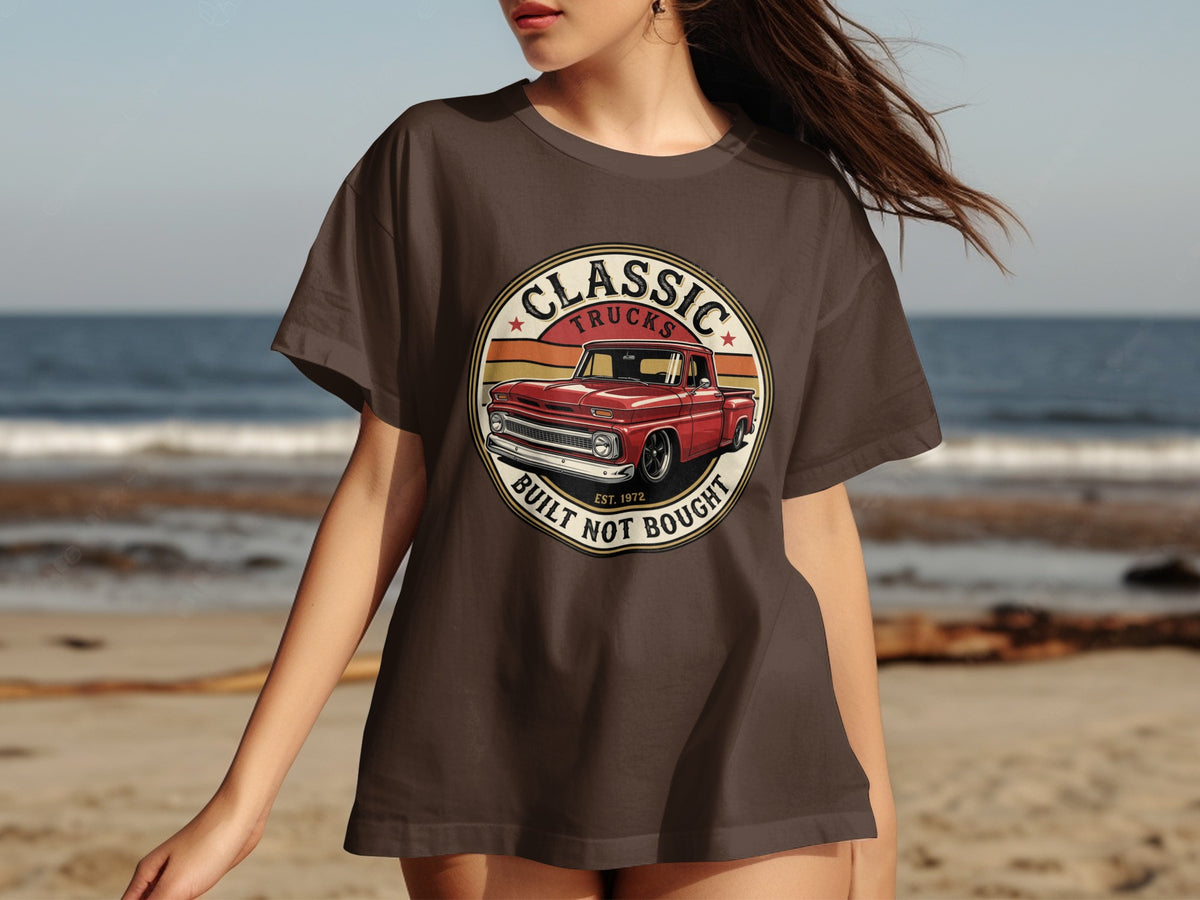 Brown t-shirt with a circular graphic of a red classic truck and text "Classic Trucks Built Not Bought Est. 1972".