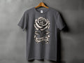 Dark grey t-shirt with a black and white rose and 