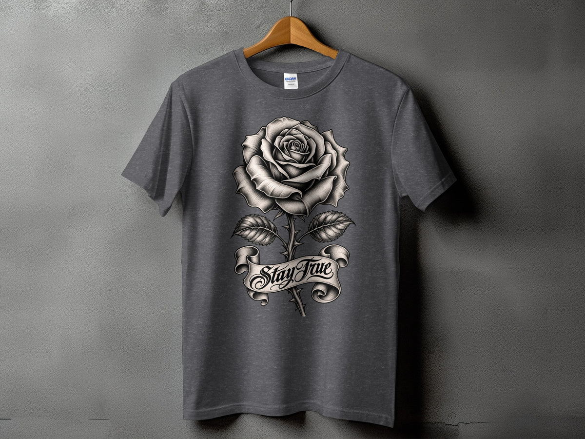 Dark grey t-shirt with a black and white rose and "Stay True" banner graphic.
