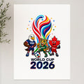 World Cup 2026 logo with cartoon eagles, jaguars, and beavers.
