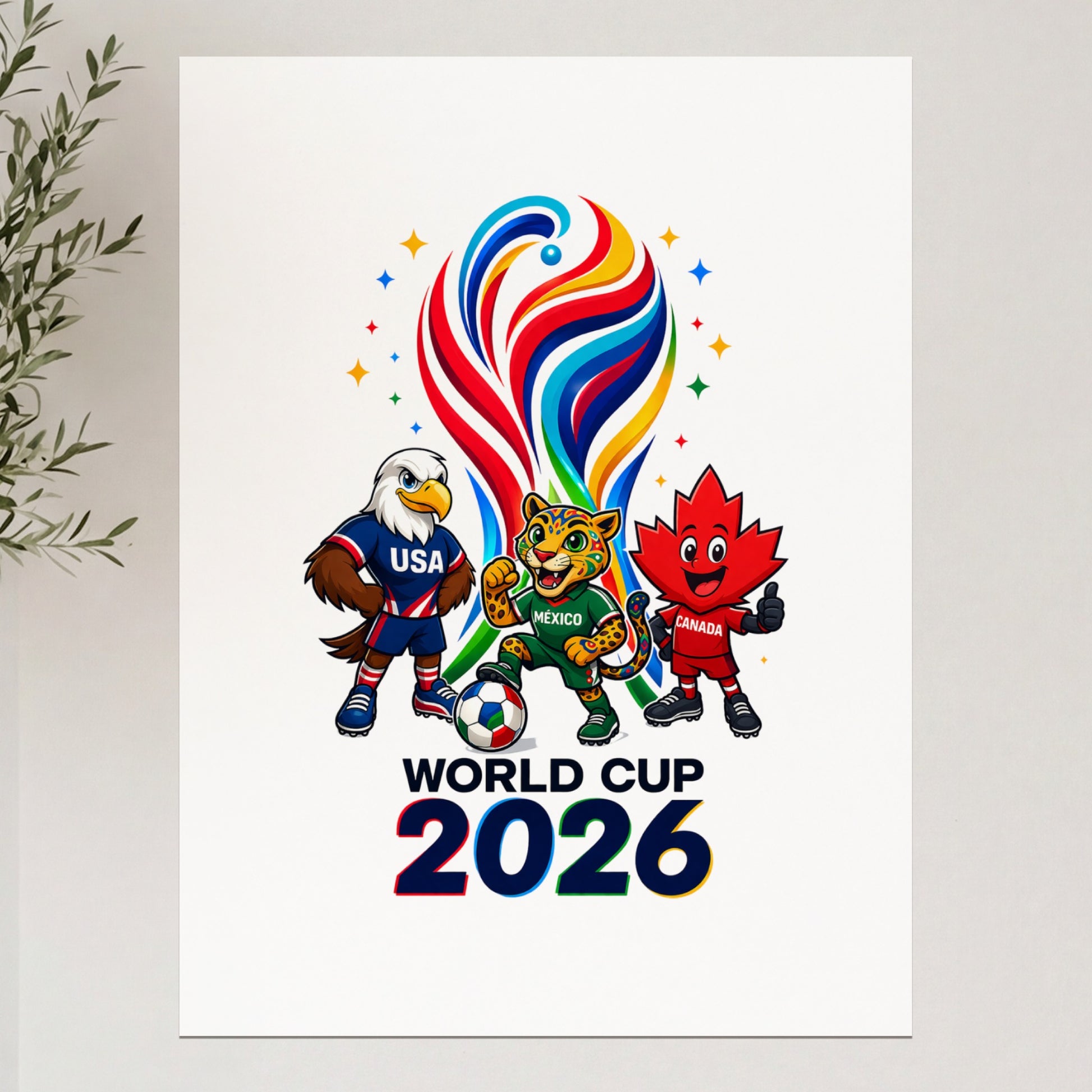 World Cup 2026 logo with cartoon eagles, jaguars, and beavers.