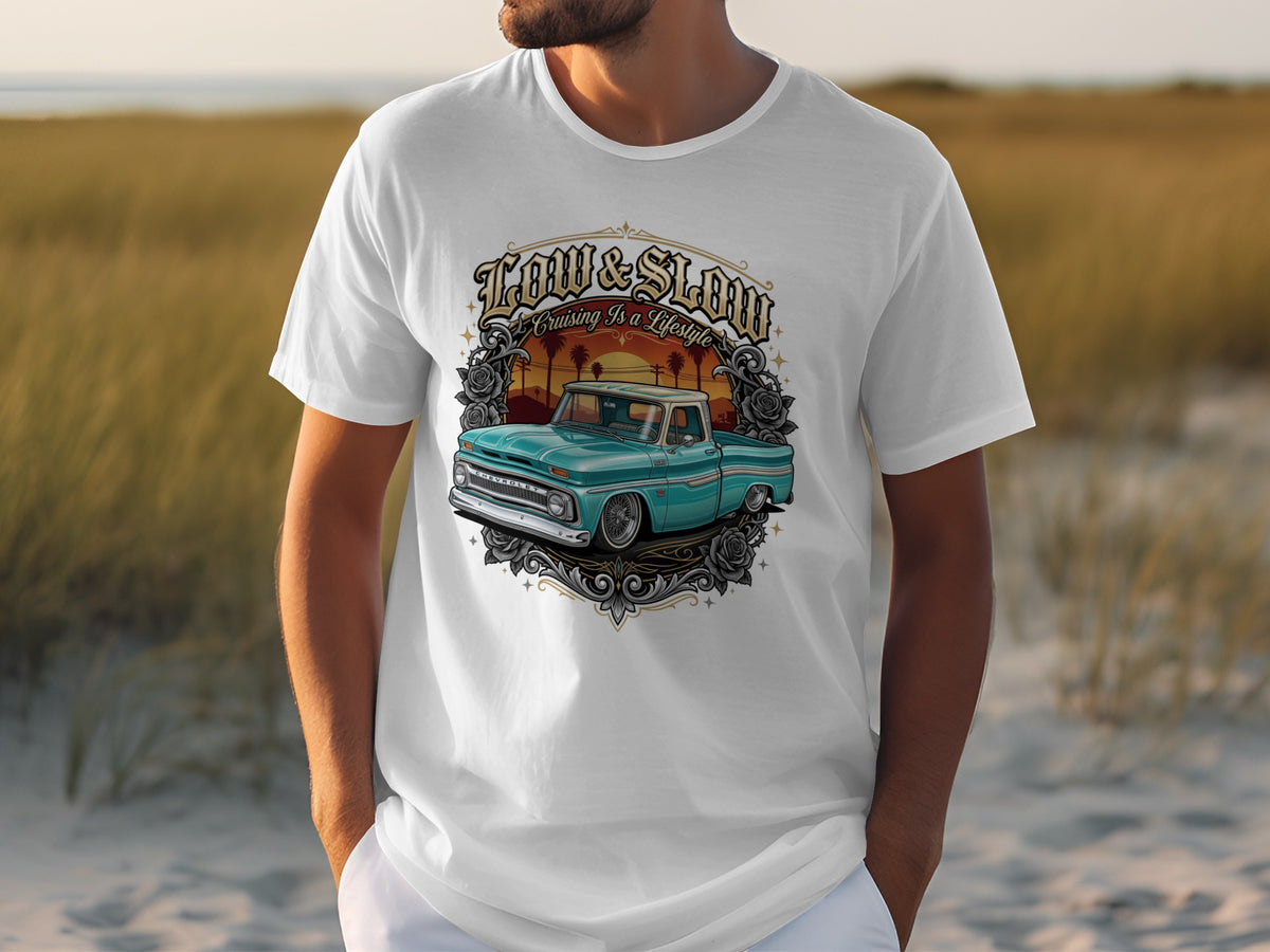 White t-shirt with vintage teal truck graphic and text "Low & Slow Cruising Is A Lifestyle".