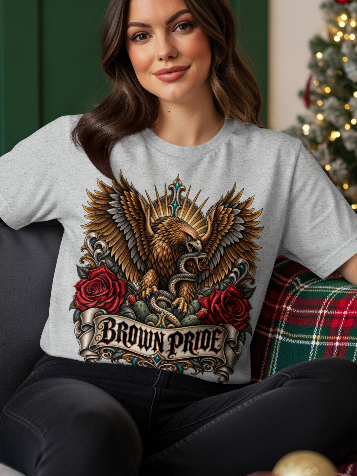 Grey t-shirt with eagle, snake, roses, and "BROWN PRIDE" text design.