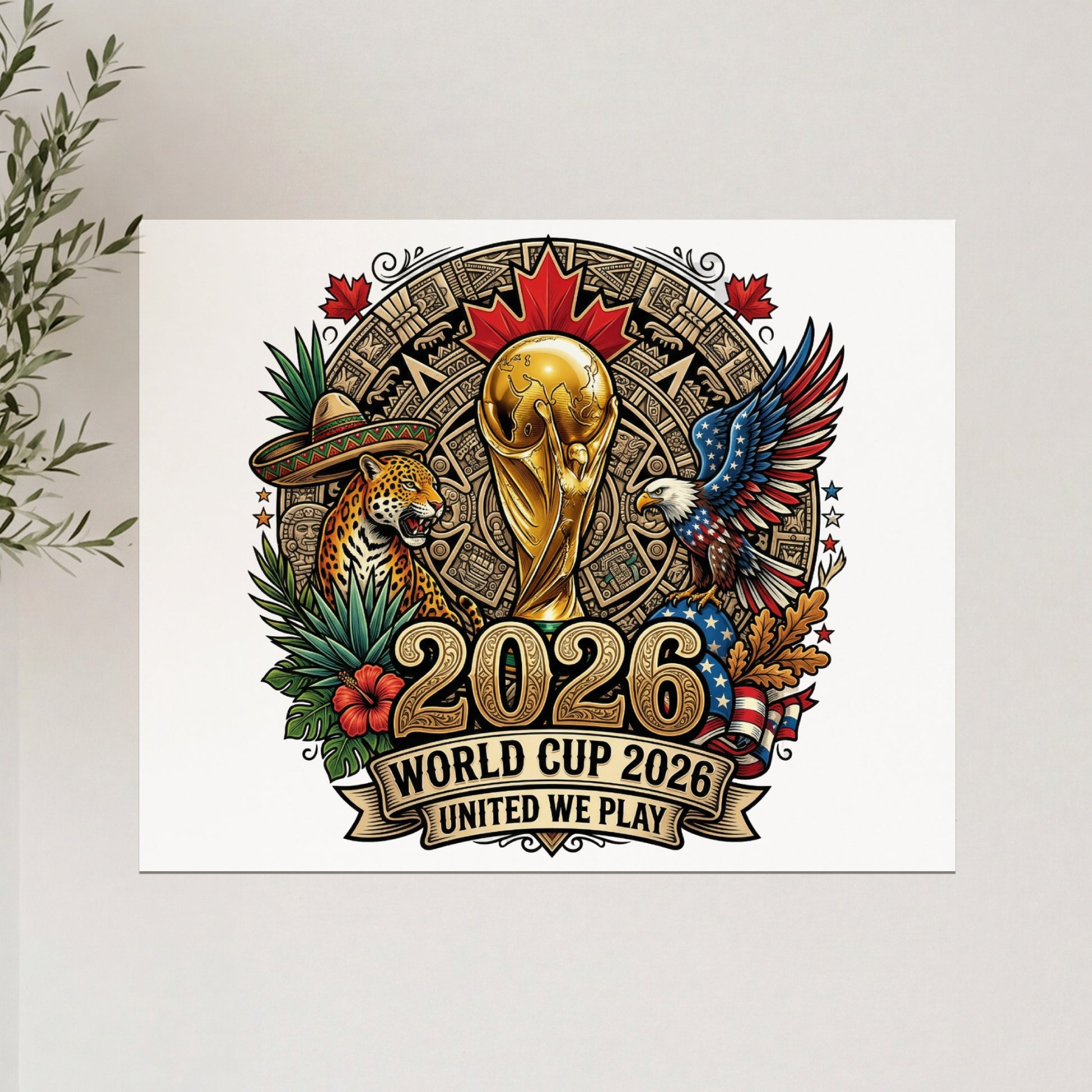 2026 World Cup logo with trophy, eagle, jaguar, and flags.