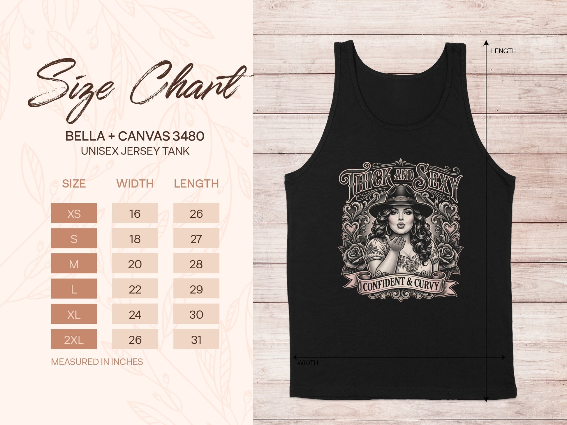 Size chart for Bella + Canvas 3480 unisex tank top with graphic.