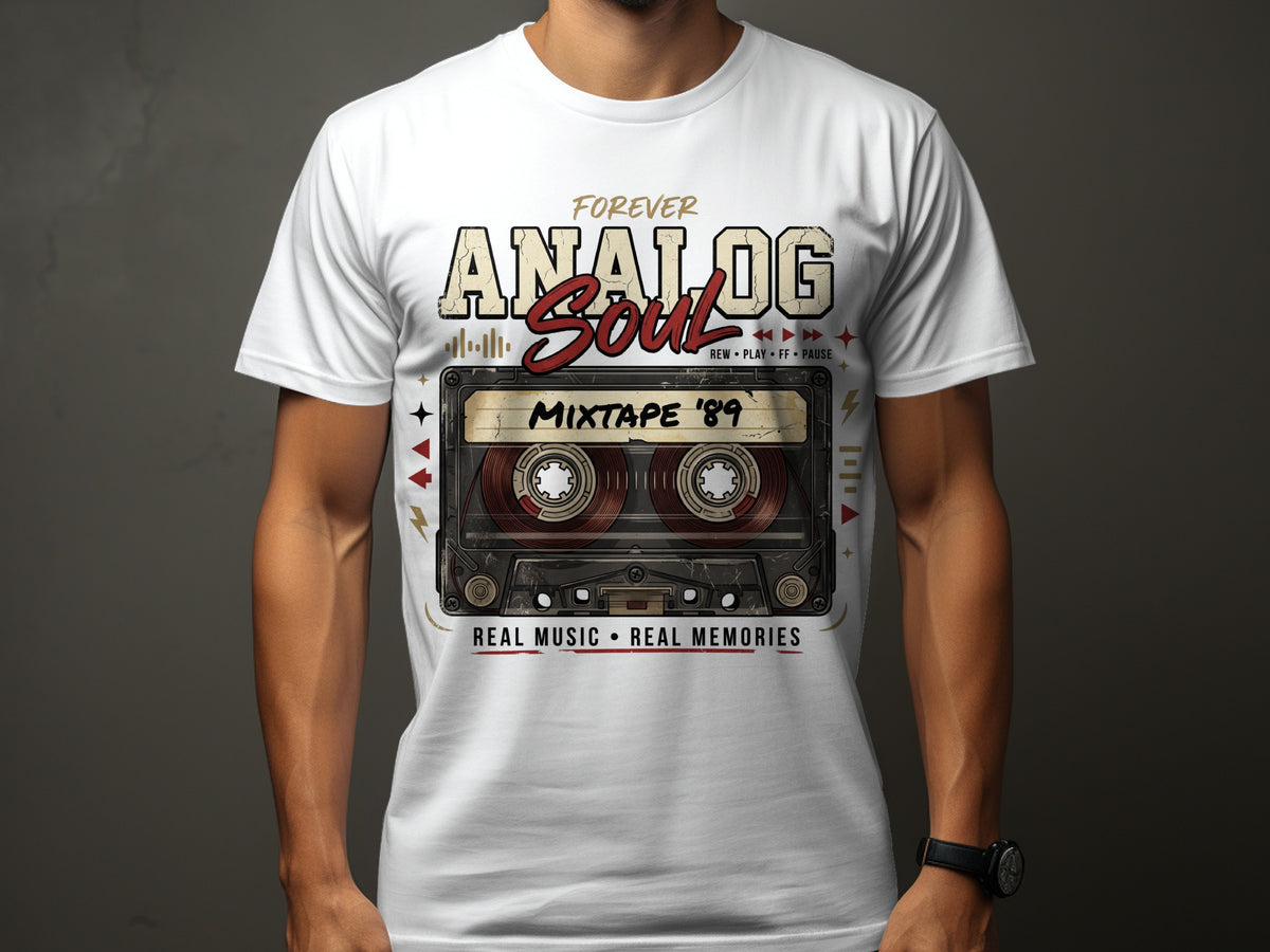 White t-shirt with "Forever Analog Soul Mixtape '89" and cassette tape graphic.