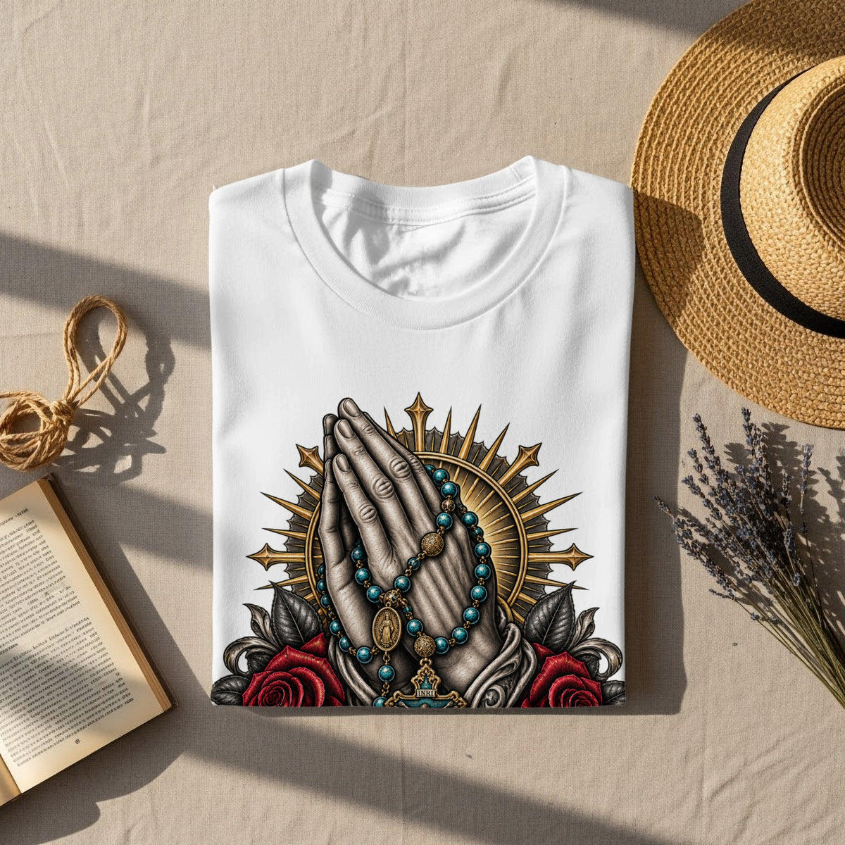 White t-shirt with praying hands, rosary, roses, and sunburst graphic.