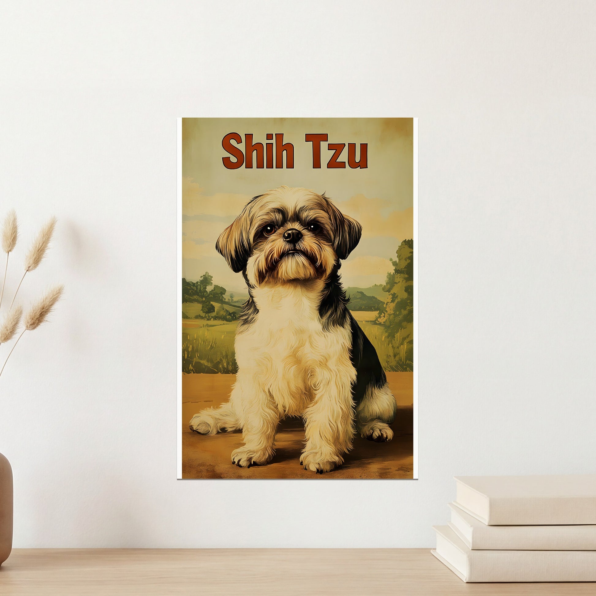 Shih Tzu dog sitting outdoors with text "Shih Tzu" above.
