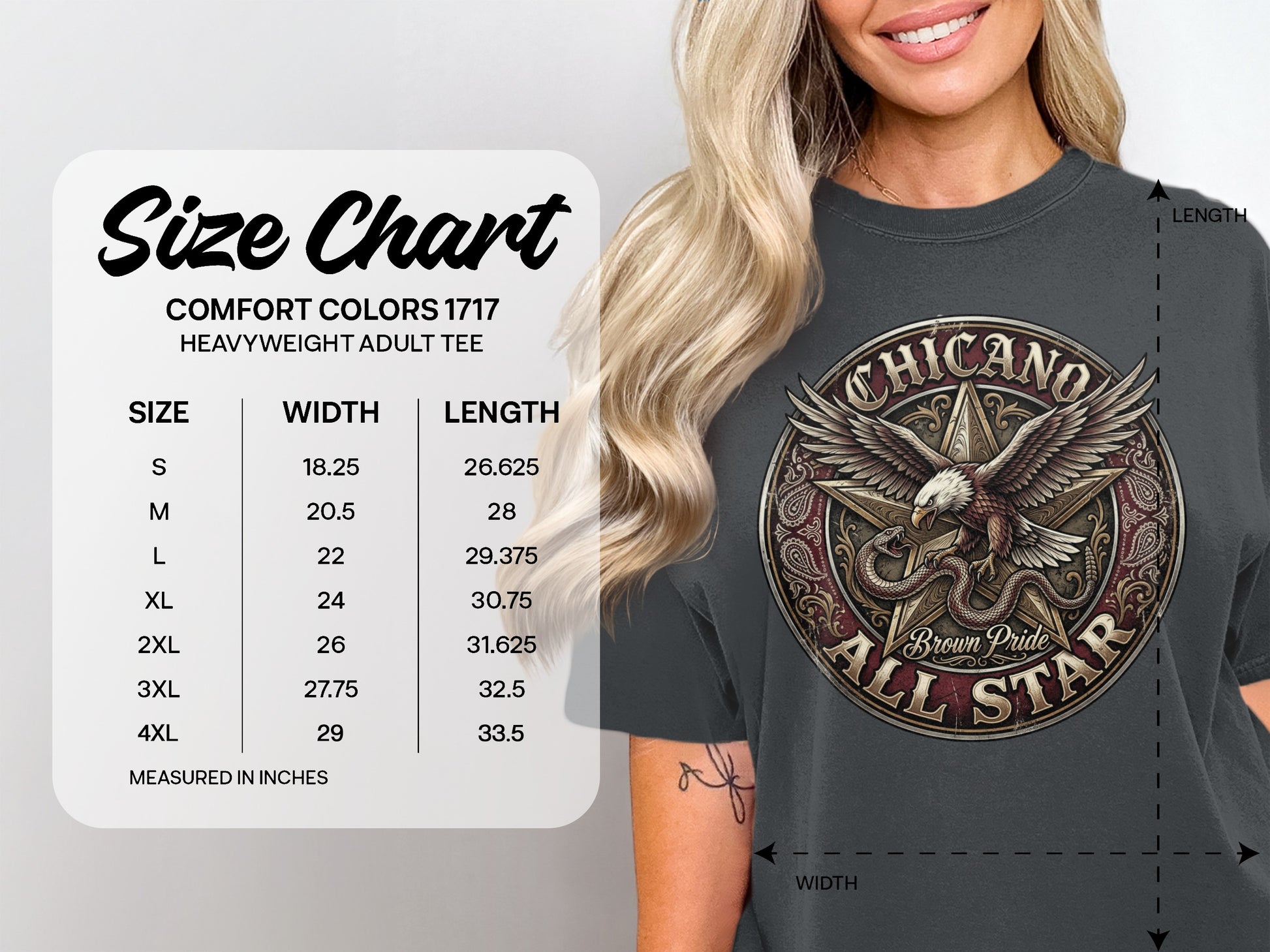 Comfort Colors 1717 size chart for heavyweight adult tee with measurements.