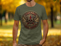 Olive green t-shirt featuring a circular emblem with eagles, a star, and 