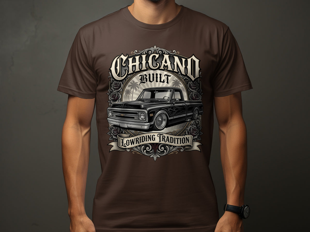 Brown t-shirt with "CHICANO BUILT" and a lowrider truck design.
