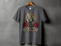 Gray t-shirt with praying hands, rosary, roses, and the word 