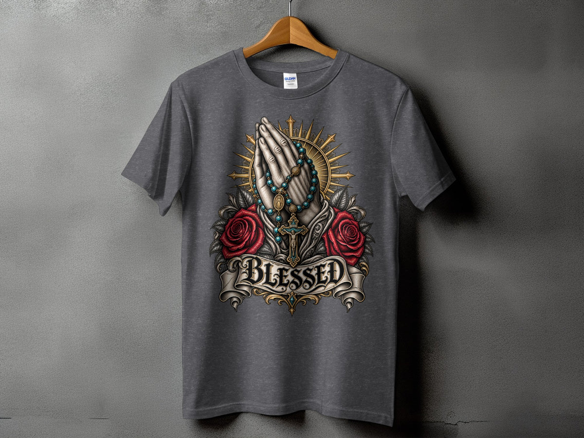 Gray t-shirt with praying hands, rosary, roses, and the word "Blessed."