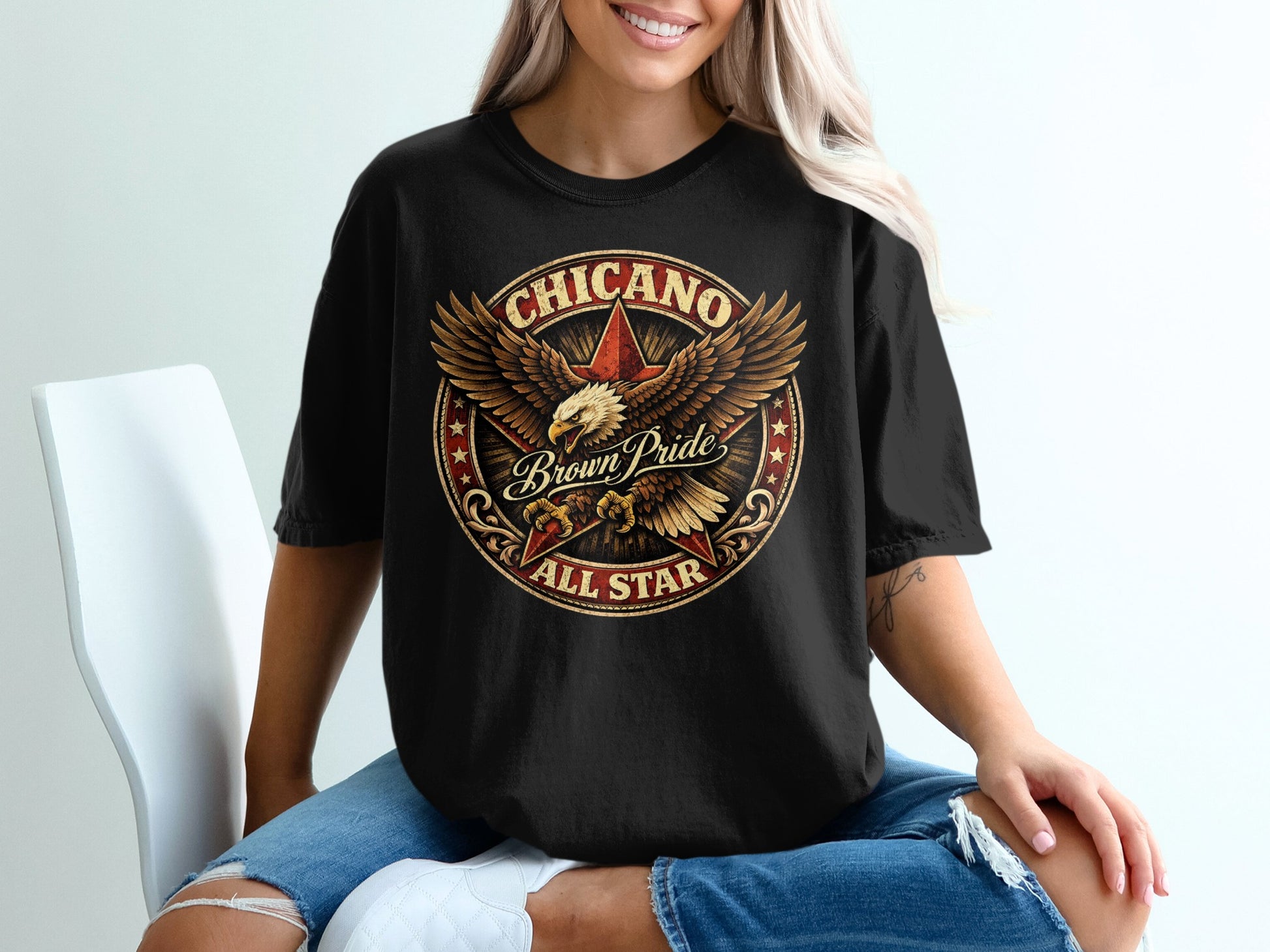 Black t-shirt with circular Chicano Brown Pride All Star eagle graphic.