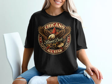 Black t-shirt with circular Chicano Brown Pride All Star eagle graphic.