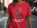 Red t-shirt with World Cup 2026 North America logo.